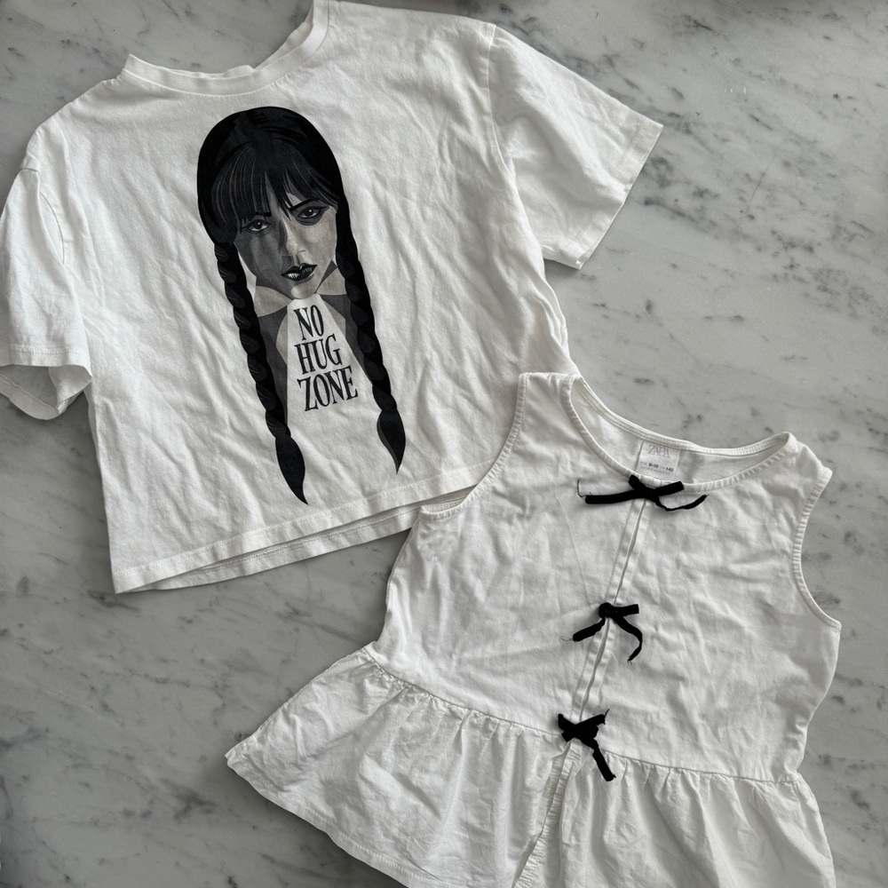 Fun B&W Lot 2 Tops Girls White Peplum Tank w/ Black Bows + Wednesday Addams Tee